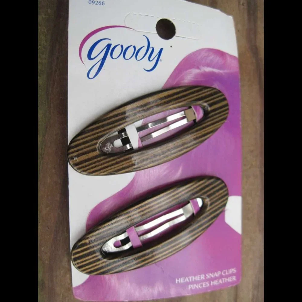 2 Goody Heather Black Brown Striped Tan Flexible Plastic Cover Metal Snap Clips